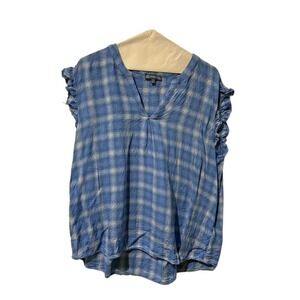 Democracy Blue Plaid Ruffle Sleeve V-Neck Rayon Blouse Top XL